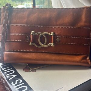 Peresi Classic Brown and Gold Leather Clutch bag with Structured Design